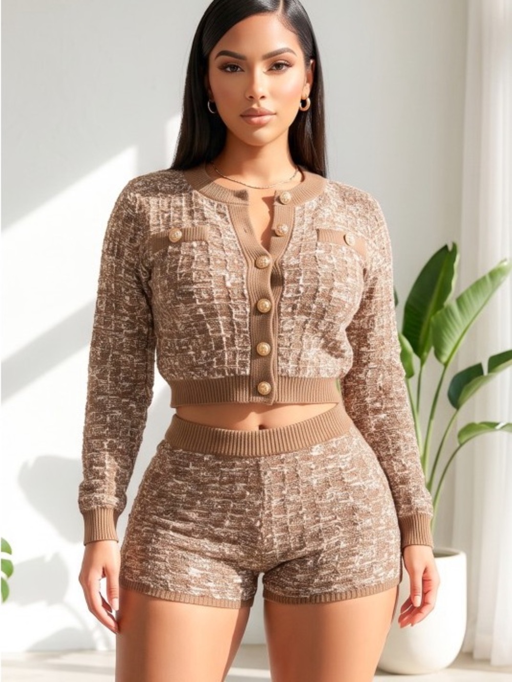 Two-Piece Knit Cardigan and Shorts Set in Marled Taupe ST-85071